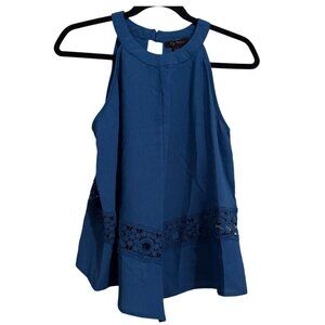 Sleeveless Navy Blue Halter Top With Crochet Lace Detail - Its Pink - L